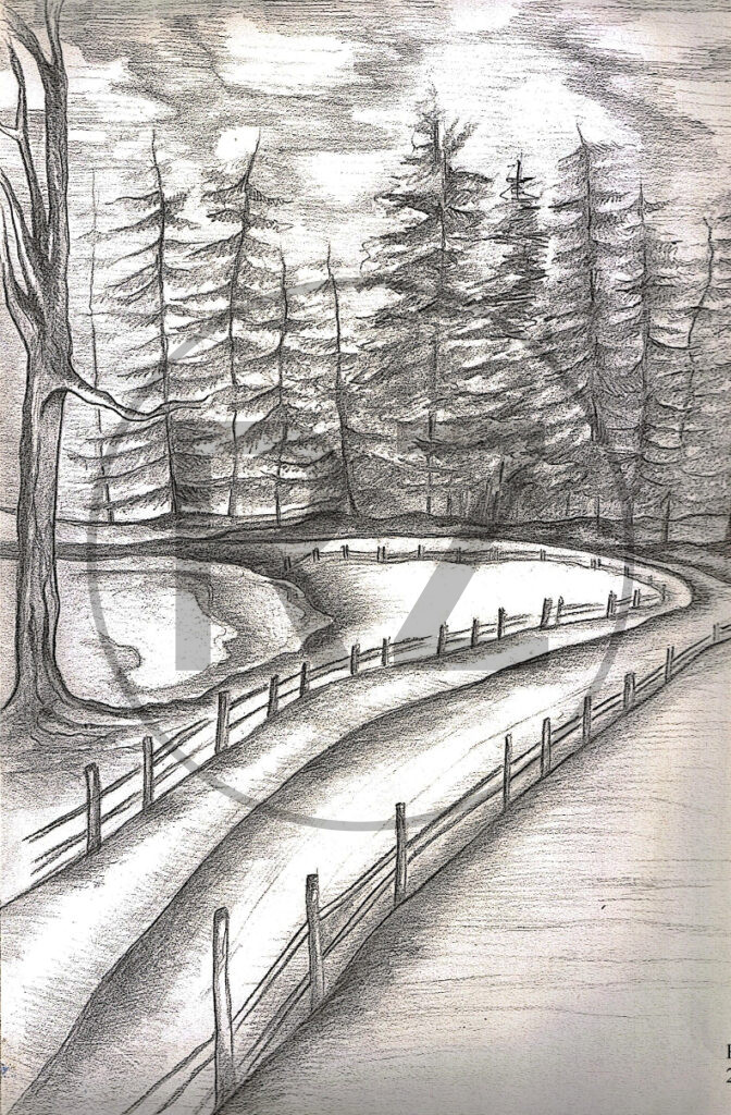 Pencil drawing of a country road
