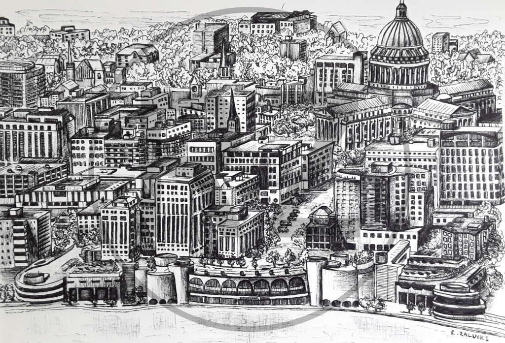 Pen drawing of Wisconsin city